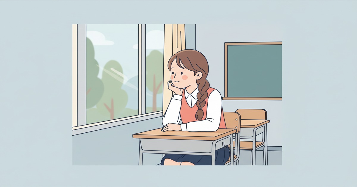 Illustration of a girl daydreaming at her school desk while a teacher writes on the whiteboard