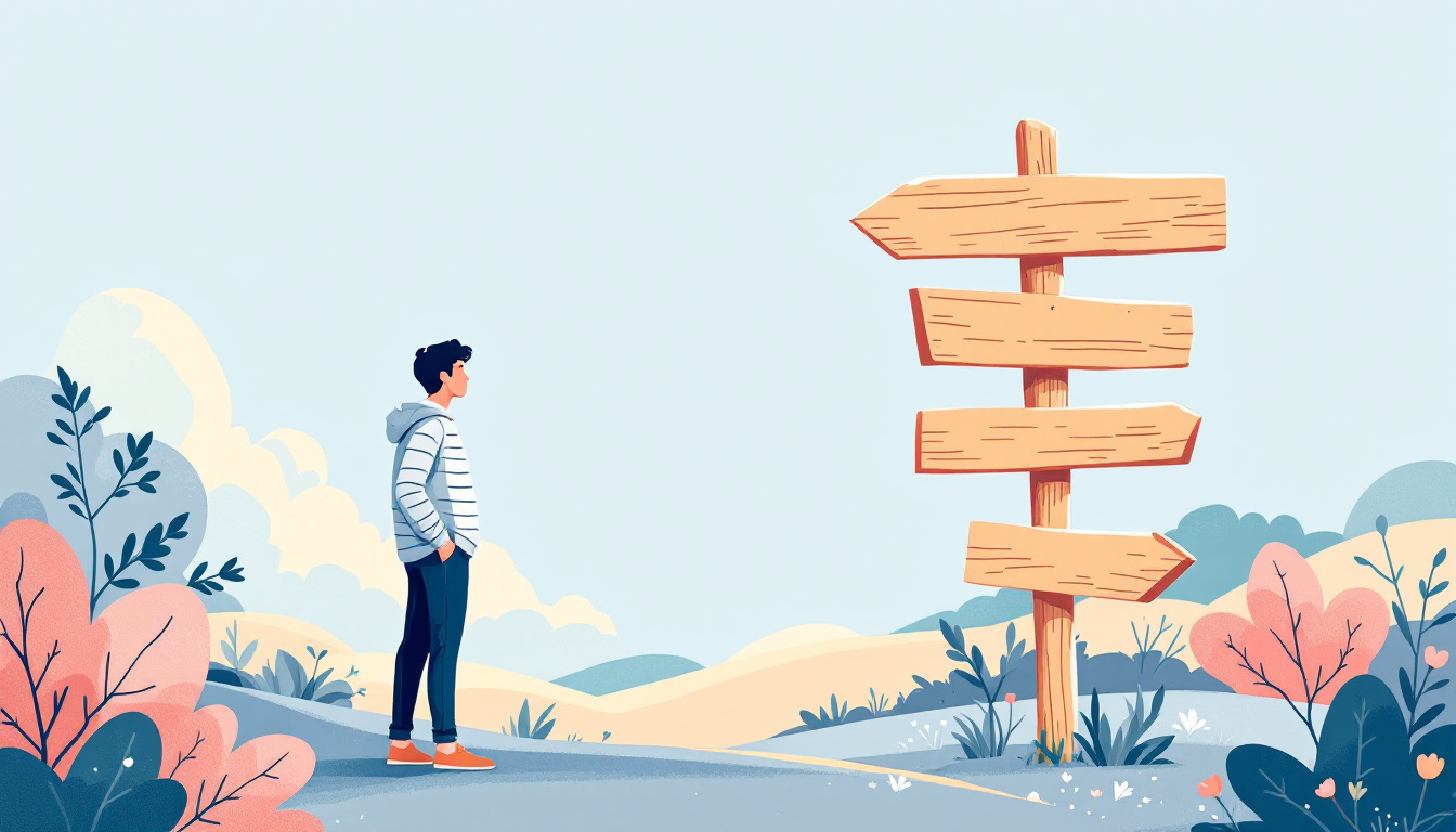 Illustration of a parent standing at a crossroads with signposted paths representing different support options