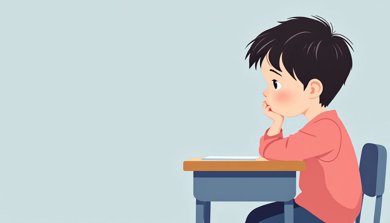 Illustration of a quiet child sitting thoughtfully at a school desk, conveying internal exhaustion behind a calm exterior