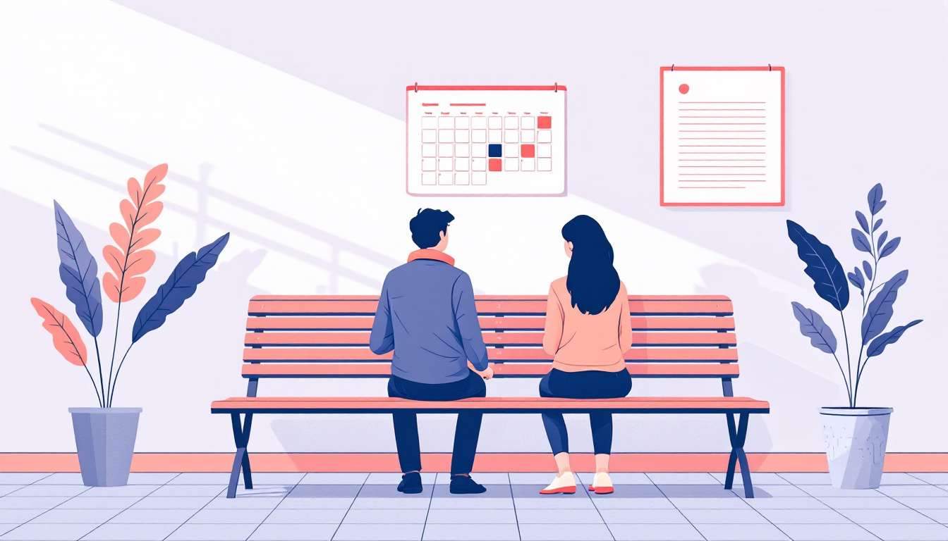 Illustration of a parent and child waiting together on a bench with a calendar in the background suggesting a long wait