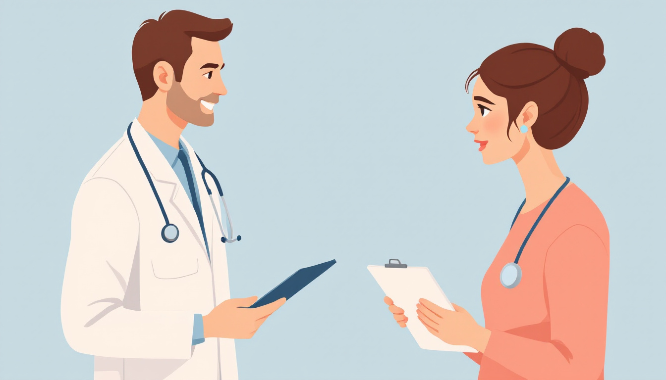 Illustration of a parent talking with a GP about a referral for their child