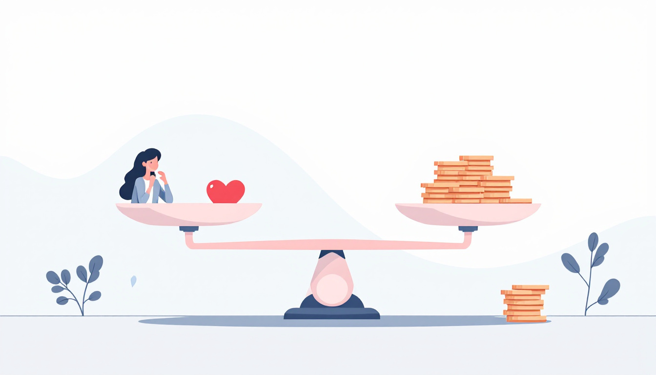 Illustration of a parent weighing up the pros and cons of private care on a balance scale