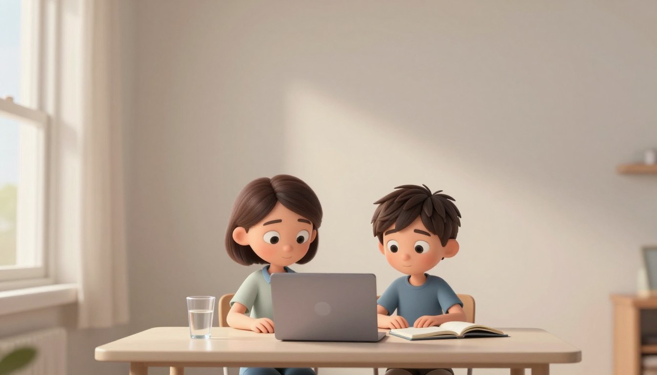 A mum and her son sitting together at a table with a laptop, in a calm home setting
