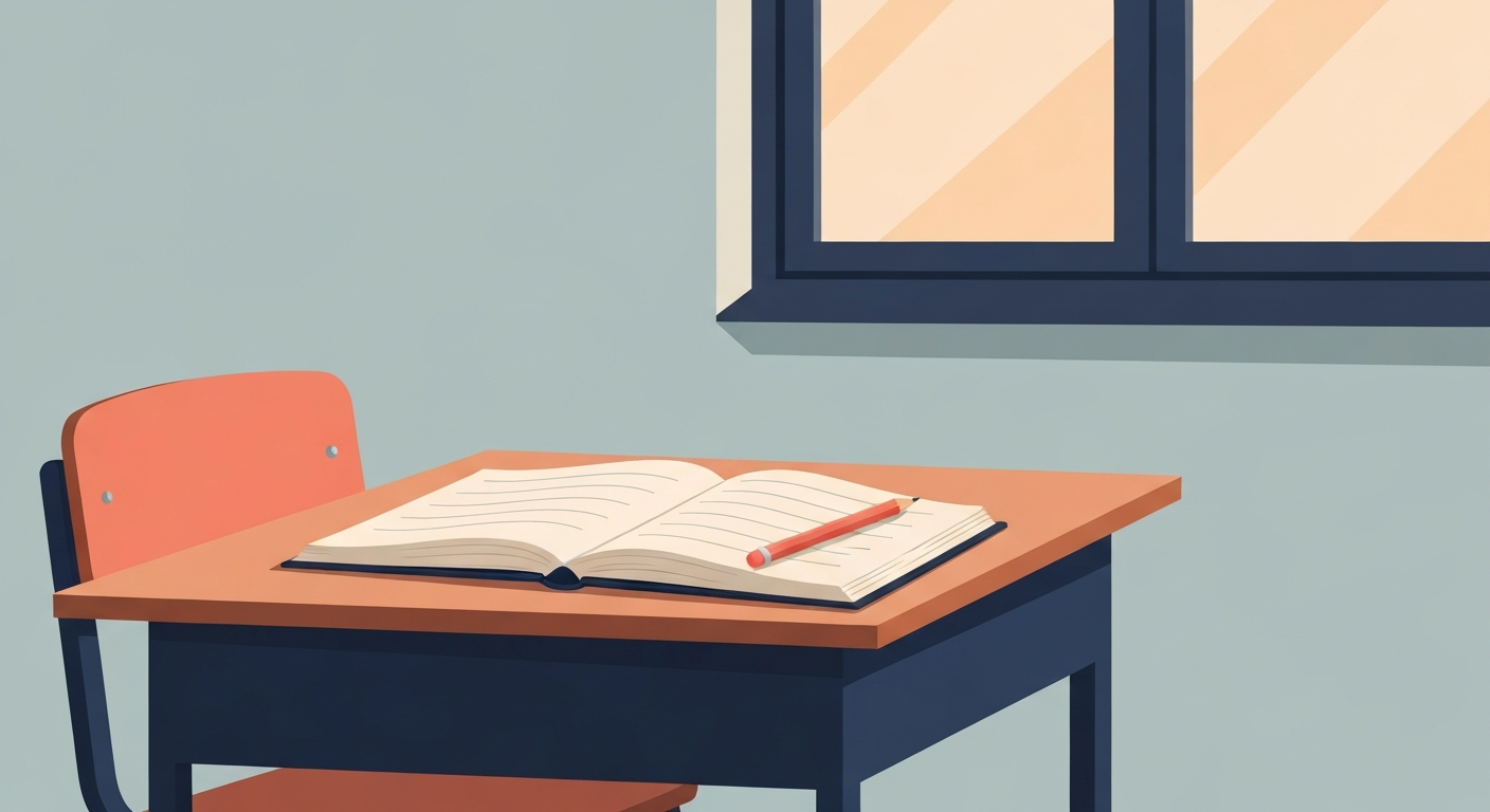 Illustration of an empty primary school desk with an open exercise book and pencil, soft afternoon light, evoking the quiet tiredness many SEND children feel during SATs week
