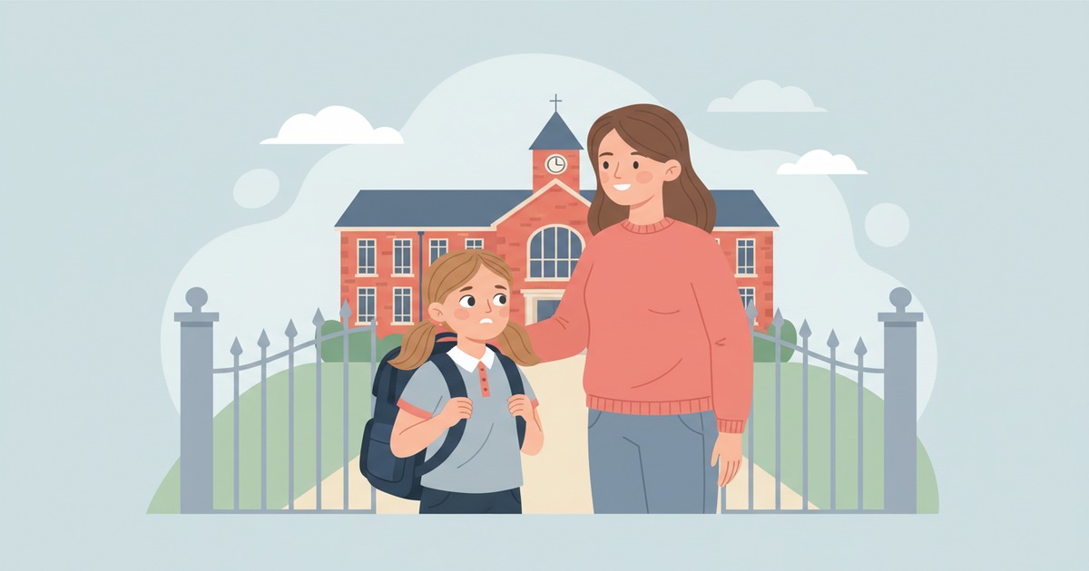 Illustration of a girl with a backpack standing outside a new school with a parent beside her